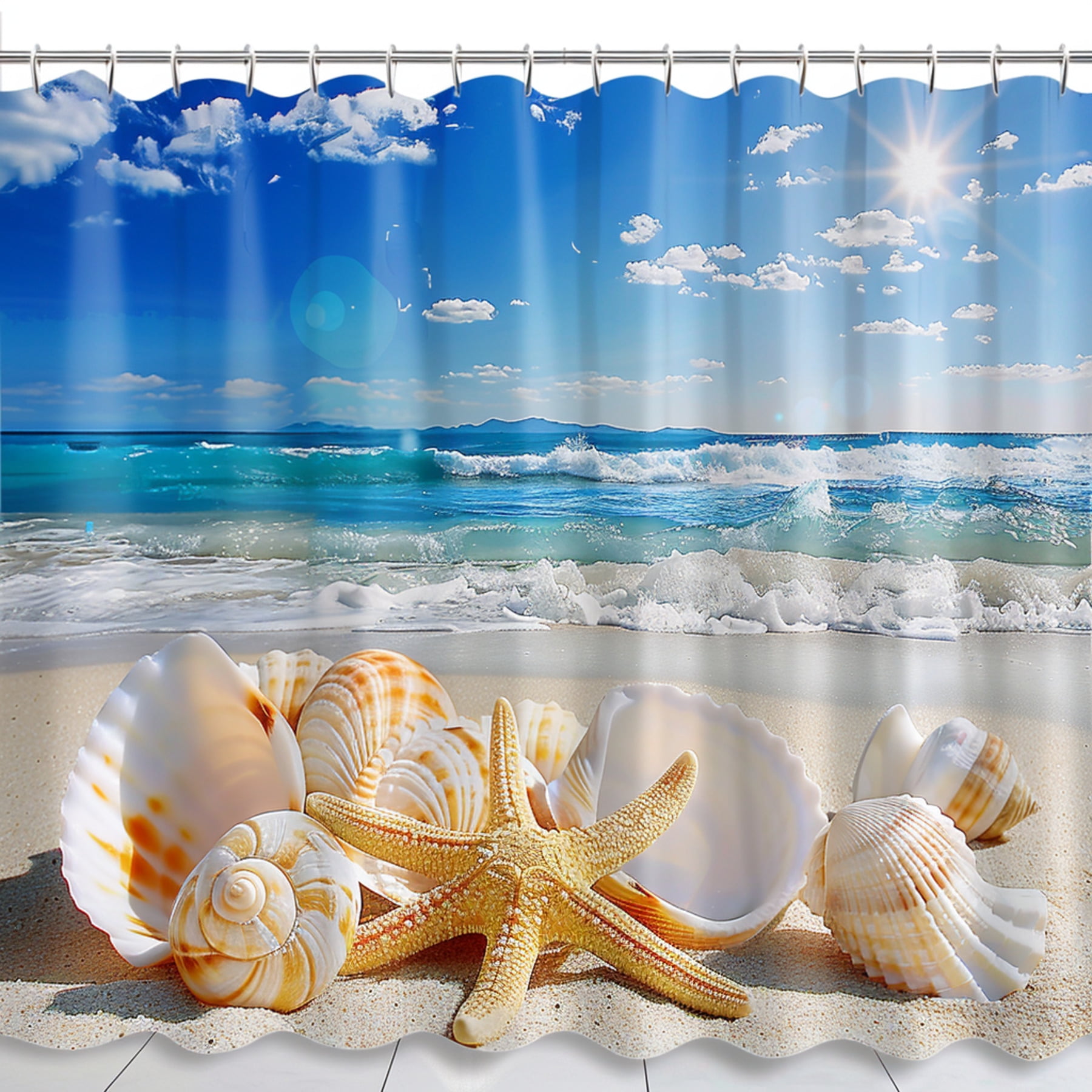 Seashells and Starfish Beach Scene Shower Curtain Photorealistic Design