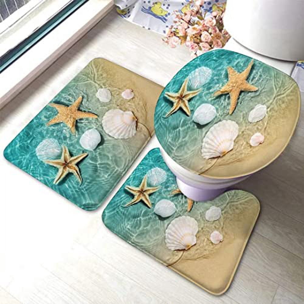 Seashells Starfish Gradient Maritime Beach Bathroom Rugs Sets 3 Piece Turquoise Bath Mats for Bathroom Non Slip Washable Floor Mats Absorbent Teal Bath Rugs with U-Shaped Contour Rug Toilet Lid Cover