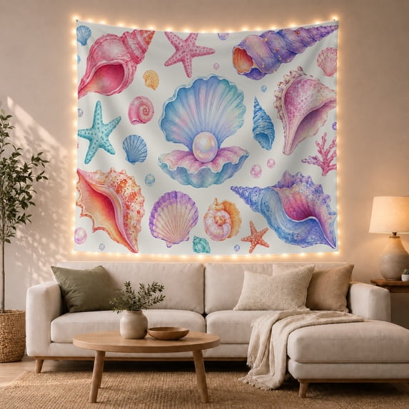 Seashells and Starfish on Pale Blue, Whimsical Watercolor for Beach Lovers Coastal Home Wall Art, Graduation Gift Tapestry Wall Hanging for Bedroom and Dorm