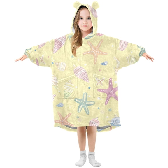 Seashells Starfish Pattern Dreamy Colored Flannel Wearable Blankets Hooded Design Long Sleeves Wrap Unisex for 3T-14Y S