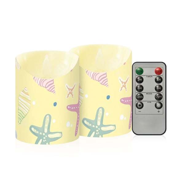 Seashells Starfish Pattern Dreamy Colored Flickering Flameless Candles with Remote Timer Battery Operated LED Tealight Set of 2 M
