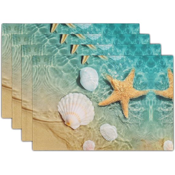 Seashells and Starfish Placemats Set of 4, Summer Beach Table Mats, Linen Rectangle 12x18in Machine Washable Non Slip Table Place Mats for Kitchen Dining Table Home Decoration