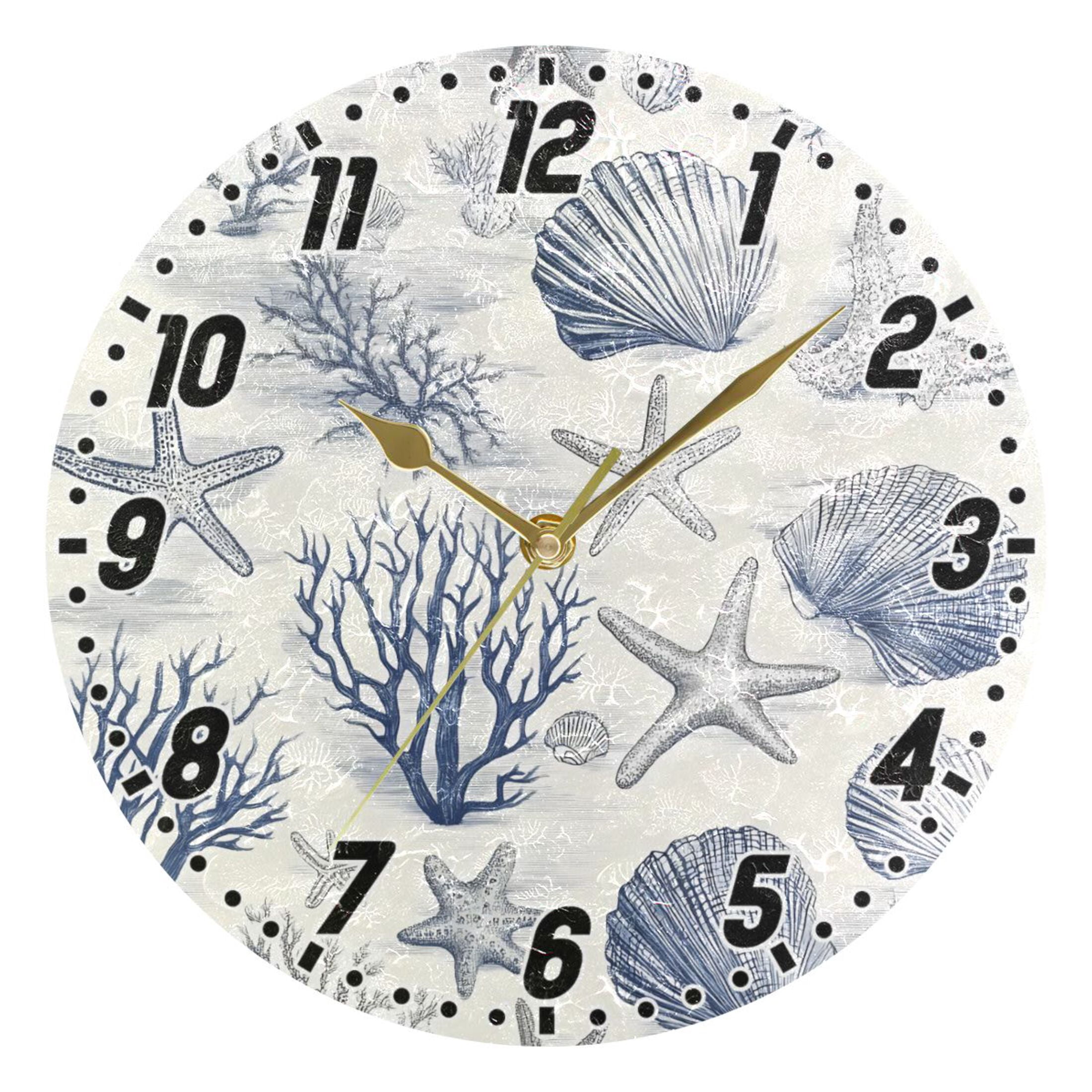 Seashells Starfish Seaweed Round Wall Clock Battery Operated Silent Non ...