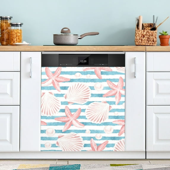 Seashells and Starfish on Stripes Dishwasher Magnet Cover Magnetic Dishwasher Door Refrigerator Sticker Home Decorative Art Kitchen Panel Decal 23x26 Inch