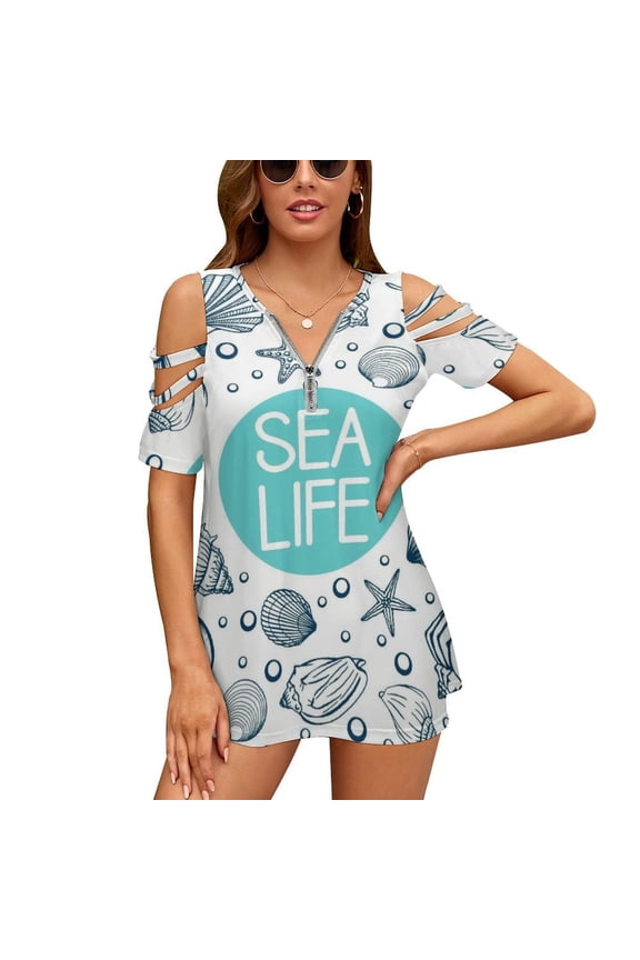 Seashells, Summer, Holidays Womens Summer V Neck Zipper Top Short Sleeve T Shirt Off Shoulder Top Casual Classy Loose Shirts