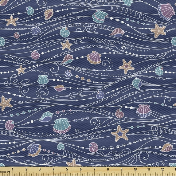 Ambesonne Seashells Fabric by the Yard Upholstery, Ornate Marine Elements, 5 Yards, Dark Lavender Multicolor