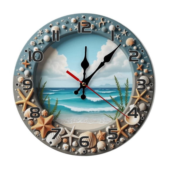Seashells Wall Clock 10 Inch Silent Non Ticking Round Wooden Clock Decoration for Living Room Kitchen Bedroom Bathroom Office Classroom