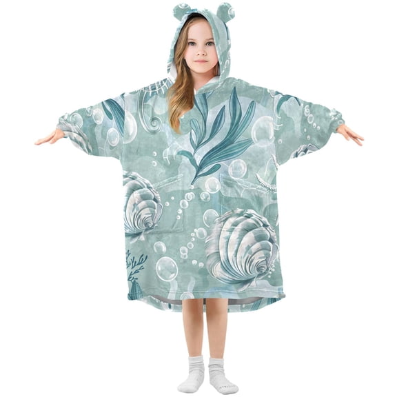 Seashells Water Plants Bubbles Flannel Wearable Blankets Hooded Design Long Sleeves Wrap Unisex for 3T-14Y L