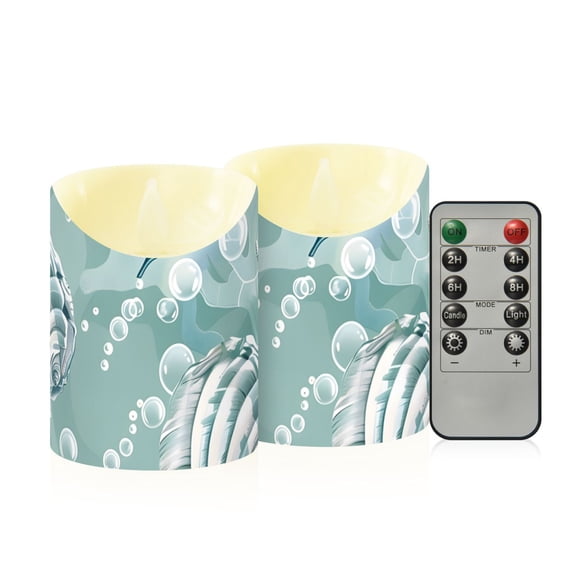 Seashells Water Plants Bubbles Flickering Flameless Candles with Remote Timer Battery Operated LED Tealight Set of 2 S