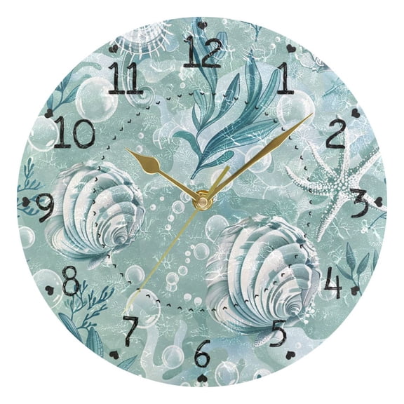 Seashells Water Plants Bubbles Round Wall Clock Silent Analog Battery Operated Gold Pointer Home Decor 9.84" Diameter