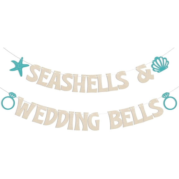 Seashells & Wedding Bells Banner - Last Toast on the Coast Sign, Beach Bachelorette Decorations, Coastal Bridal Shower Party Decorations Champagne Gold Glitter