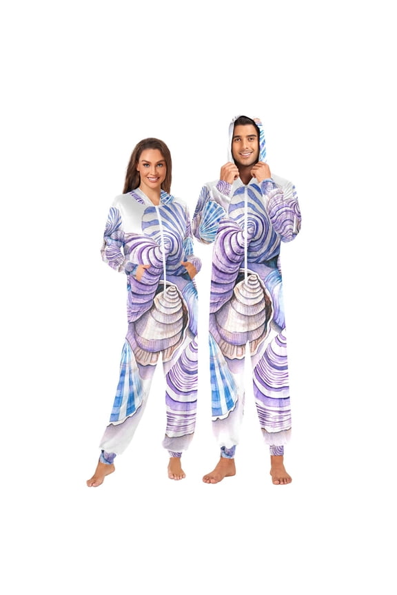 Seashells Zebra Stripes Adult Onesie Pajamas Slim Fit Christmas One Piece Suit Pjs for Women and Men Hooded Zipper