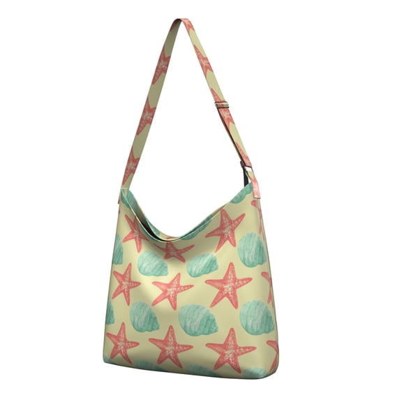 Seashells and Starfish Canvas Tote Bag – Tropical Beach Marine Creatures Print with Nautical Anchor and Coral Design, Reusable and Eco-Friendly