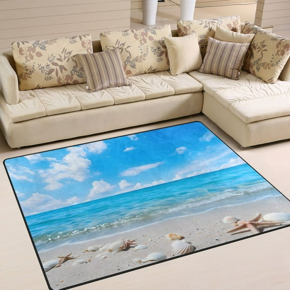 Seashells on Beach Blue Sky Area Rugs Soft Non-Slip Floor Mats Large Nursery Carpets Doormat for Living Room Bedroom Hotel Decor 80"x58"