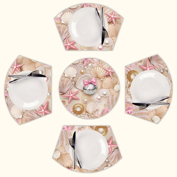 Seashells pearls bows starfish glamour Round Table Placemats Set Of 5 Wedge Table Mats Washable Heat Resistant Place Mat For Dining Table Kitchen Farmhouse Restaurant