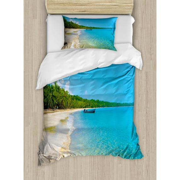 Seashore Duvet Cover Set, Caribbean Palm Trees with Small Boat and Calm Waves, Decorative 2 Piece Bedding Set with 1 Pillow Shams, Twin Size, Sky Blue Olive Green, by Ambesonne