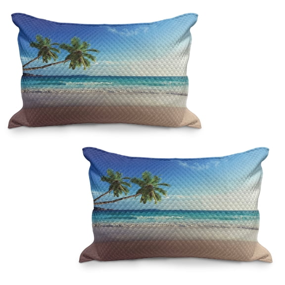 Seashore Quilted Pillowcover Set of 2, Splashing Waves on Sandy Beach Coconut Palm Trees Scenic View of Island, Standard Queen Size Pillow Cover Bedroom, 30" x 20", Pale Brown Green Blue, by Ambesonne