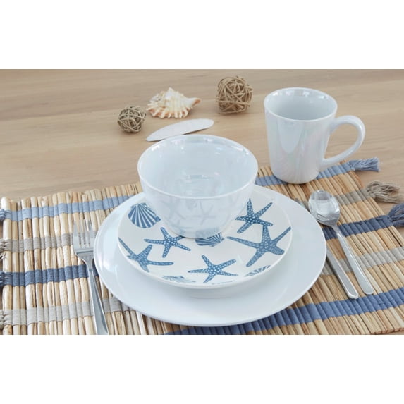Seaside 16 Piece Stoneware Dinnerware Set, White and Blue