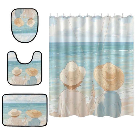Seaside Bathroom Accessory Curtain Sets Bath Curtain Anti-Slip Mats and Toilet Pad 66x72in
