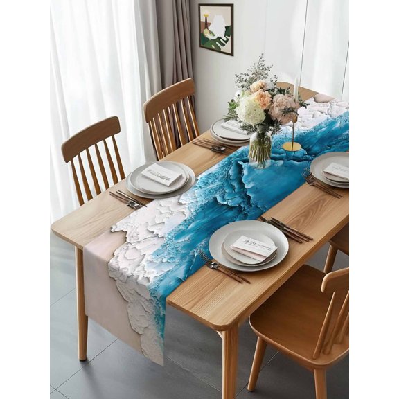 Seaside Abstract Gradient Wave Table Runner 13x70in Non-Slip Cotton Linen Table Runners, Modern Watercolor Beach Dresser Scarves TableRunner for Dinner Kitchen Dining Wedding Party