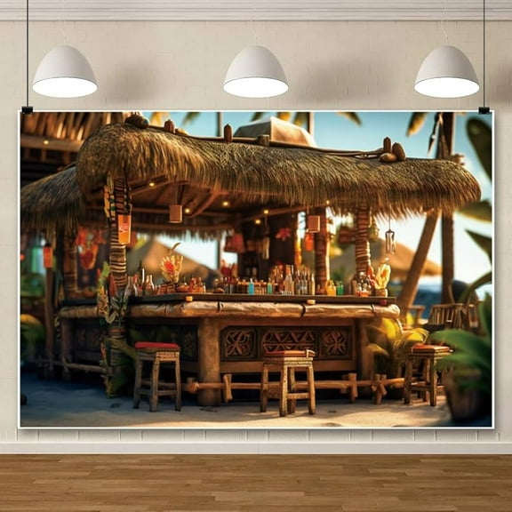 Seaside Bar Backdrop Summer Tropical Island Thatched Beach Pub Bar Photography Background Beach Party Trip Vacation Wedding Party Decors Photo Studio Props