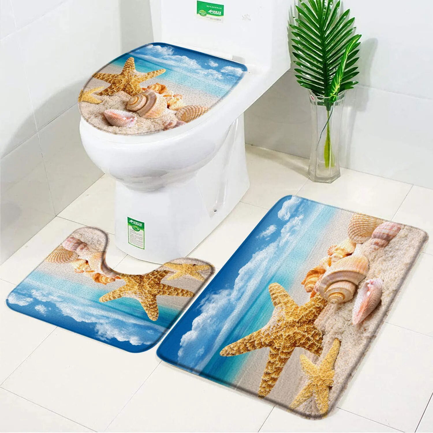 Seaside Beach Bathroom Rug Set Blue Ocean Hawaiian Coconut Tree