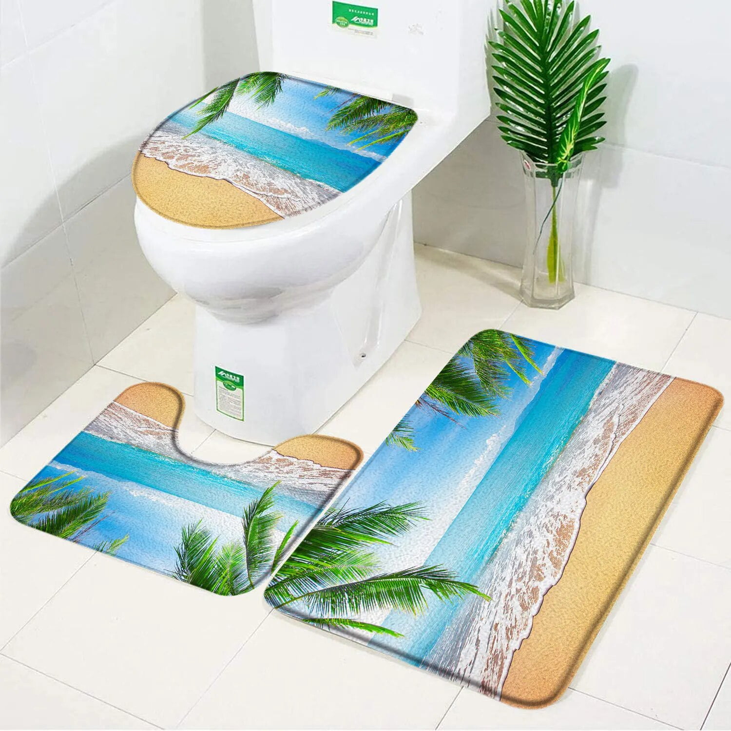 Seaside Beach Bathroom Rug Set Blue Ocean Hawaiian Coconut Tree