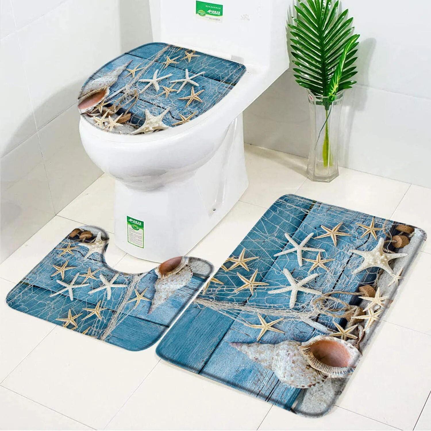 Seaside Beach Bathroom Rug Set Blue Ocean Hawaiian Coconut Tree