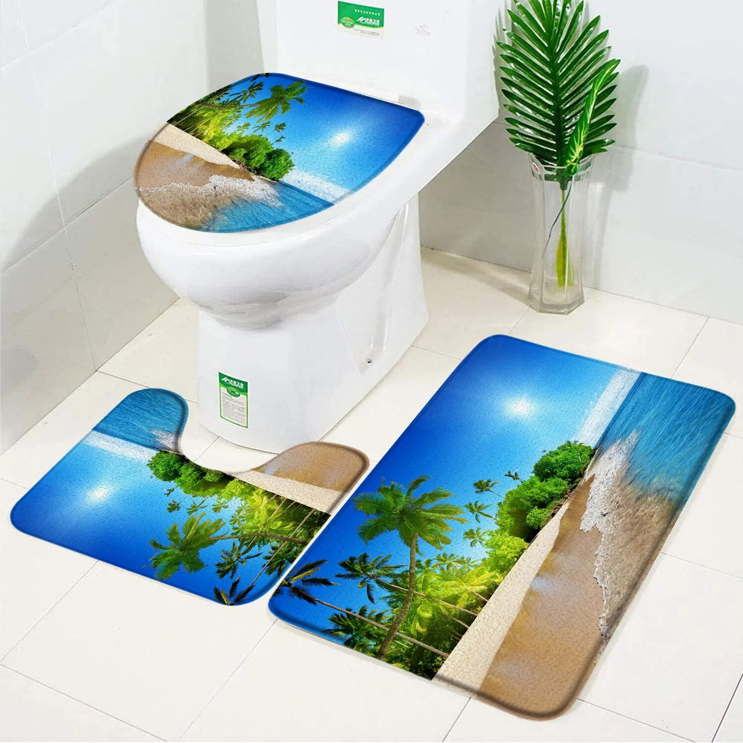 Seaside Beach Bathroom Rug Set Blue Ocean Hawaiian Coconut Tree