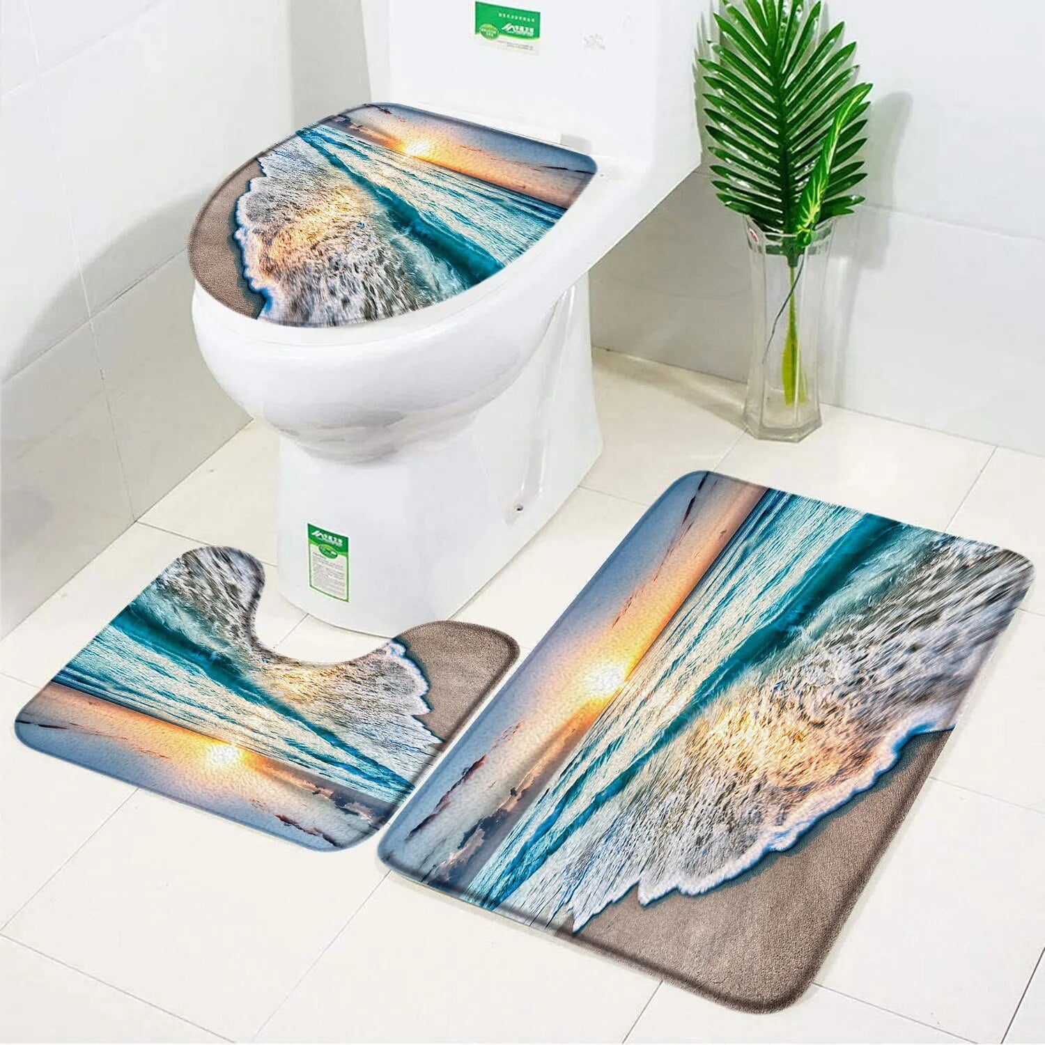 Seaside Beach Bathroom Rug Set Blue Ocean Hawaiian Coconut Tree