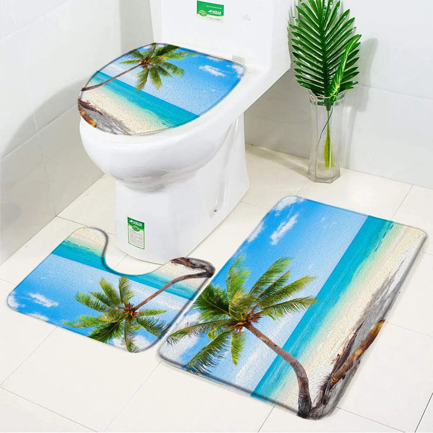 Seaside Beach Bathroom Rug Set Blue Ocean Hawaiian Coconut Tree