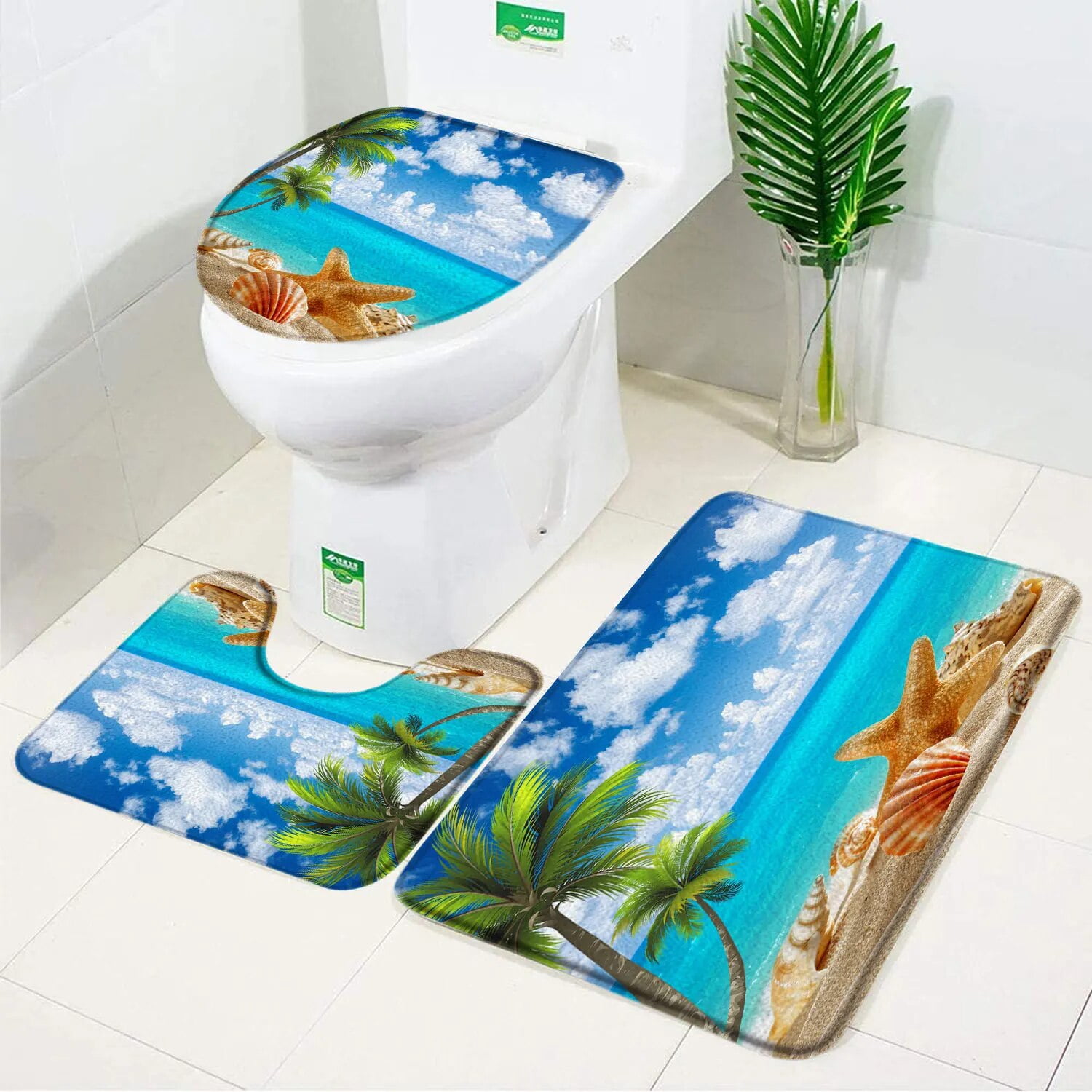 Seaside Beach Bathroom Rug Set Blue Ocean Hawaiian Coconut Tree ...