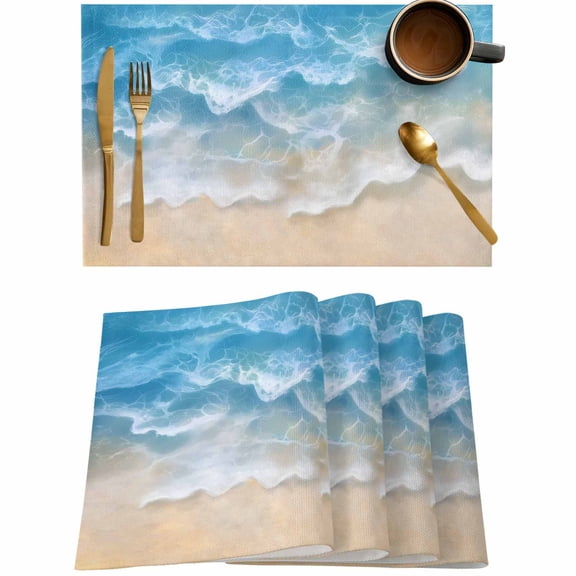 Seaside Beach Blue Waves Placemats Set of 4,Wipeable Washable Table Mats for Dining Tables,Summer Ocean Nautical Theme Place Mats for Kitchen Event Party Tabletop Decor