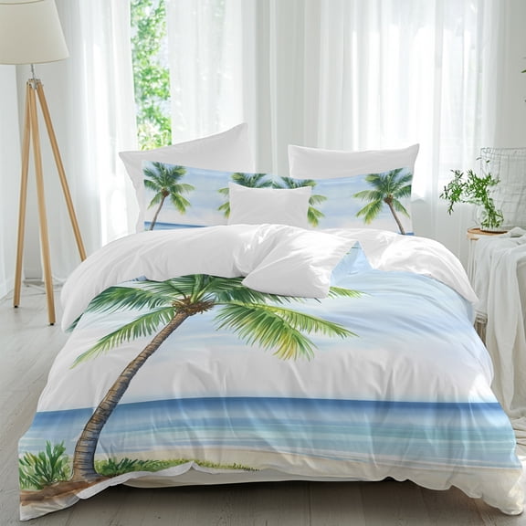 Seaside Beach Palm Trees Queen Size Bed Set,Summer Tropical Ocean Bedding for All Seasons,4 Pcs Bed Set,1 Quiltcover(90"x92"),1 Sheet(94"x116"),2 Pillowcases(30"x20")