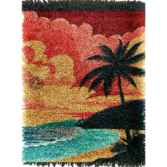 Seaside Beach Scene Sunset Palm Tree Latch Hook Kits Rug Color Printed Crochet Yarn DIY Hooking Latch Kit Carpet Rug Cover Mat for Christmas Chair Cushion Floor Decor 60x40cm(3)