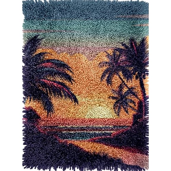 Seaside Beach Scene Sunset Palm Tree Latch Hook Kits Rug Color Printed Crochet Yarn DIY Hooking Latch Kit Carpet Rug Cover Mat for Christmas Chair Cushion Floor Decor 52x38cm(2)