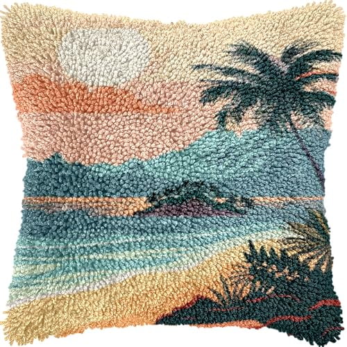 Seaside Beach Scene Sunset Palm Tree Latch Hook Pillow Kits Color Printed Cushion Crochet Yarn Needlework DIY Hook Latch Kit Pillowcase Rug Cover Home Sofa Christmas Decor 43x43cm(8)