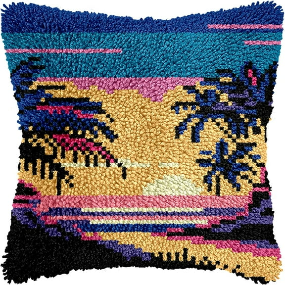 Seaside Beach Scene Sunset Palm Tree Latch Hook Pillow Kits Color Printed Cushion Crochet Yarn Needlework DIY Hook Latch Kit Pillowcase Rug Cover Home Sofa Christmas Decor 43x43cm(2)