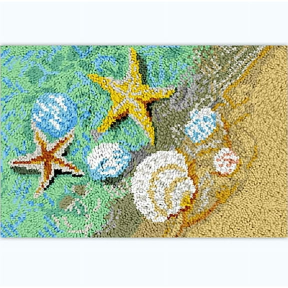 Seaside Beach Sea Shells Starfish Latch Hook Kits Rug Canvas Handmade Carpet Crochet Yarn Embroidery Needlework Hook Latch Kit Tapestry Rug Cover Christmas Home Decoration 52x38cm