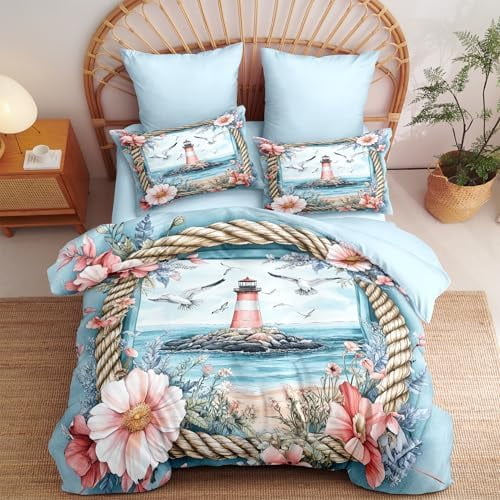 Seaside Beach Seagull Comforter Set Queen, 3pcs Flower Wreath Lighthouse Soft Bedding Set for Women Girls, Lightweight Down Alternative Comforter with 2 Pillowcases(90" X 90")