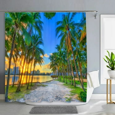 Seaside Beach Shower Curtain Palm Tree Bath Curtains White Window Hawaii Island Ocean Natural Scenery Fabric Bathroom Decor Sets