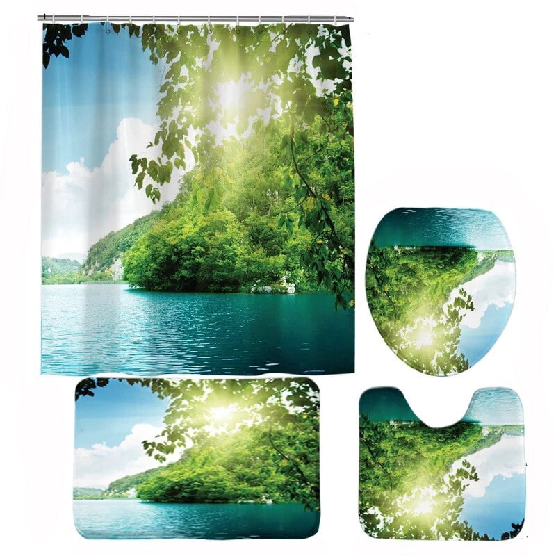 Seaside Beach Shower Curtain Sets Palm Tree Ocean Waves Bathroom Curtains Window Scenery Fabric ...