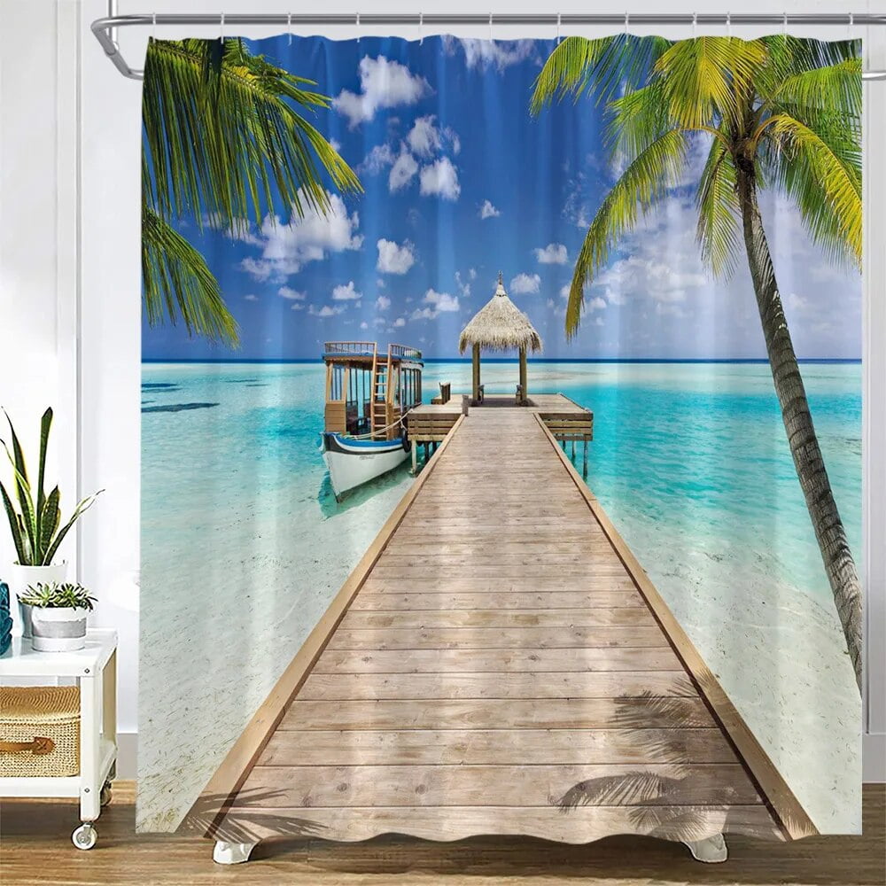 Seaside Beach Shower Curtains Tropical Palm Trees Plant Ocean Hawaii