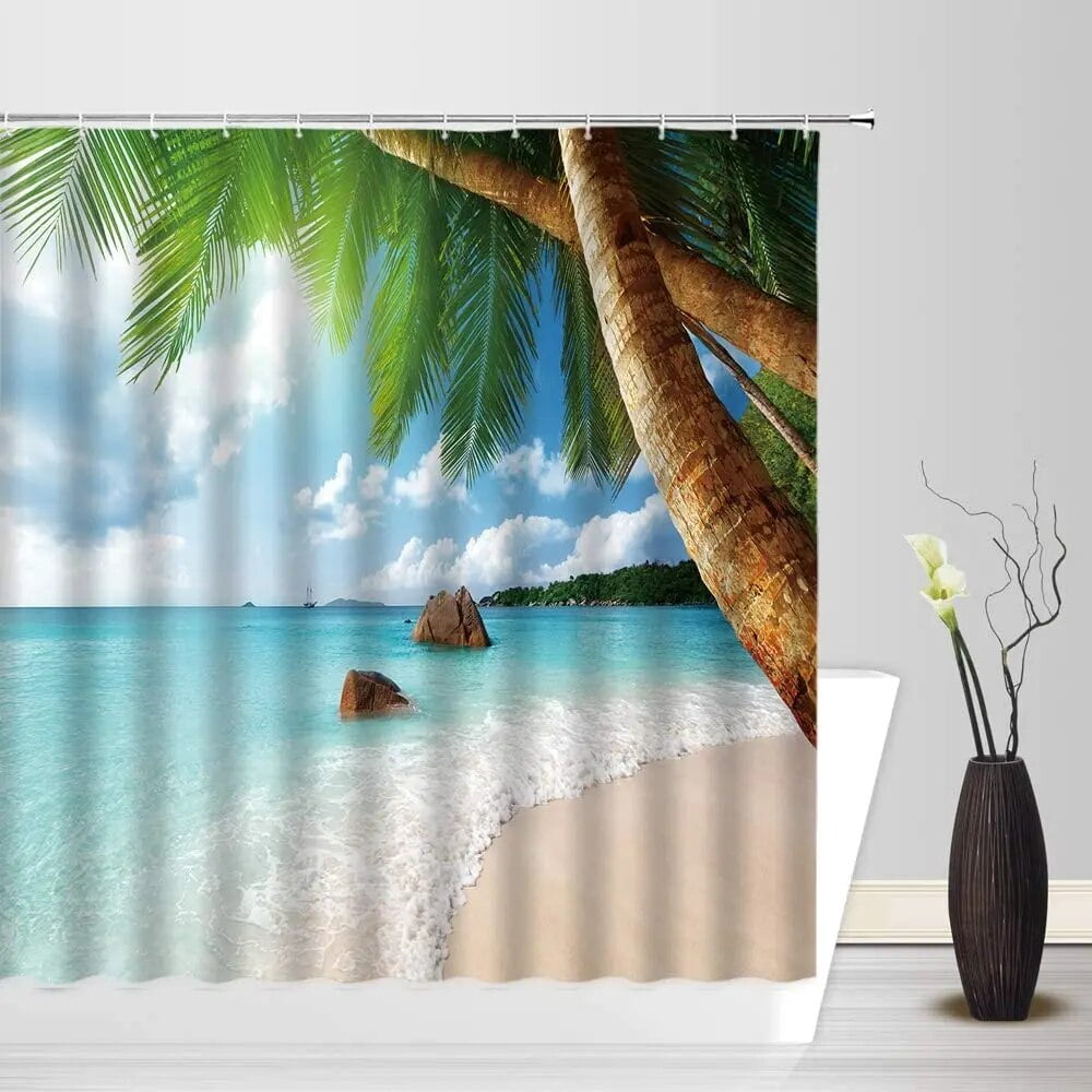 Seaside Beach Shower Curtains Tropical Palm Trees Plant Ocean Hawaii