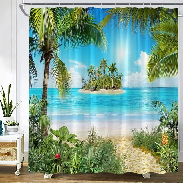 Seaside Beach Shower Curtains Tropical Palm Trees Plant Ocean Hawaii Vacation Nature Scenery