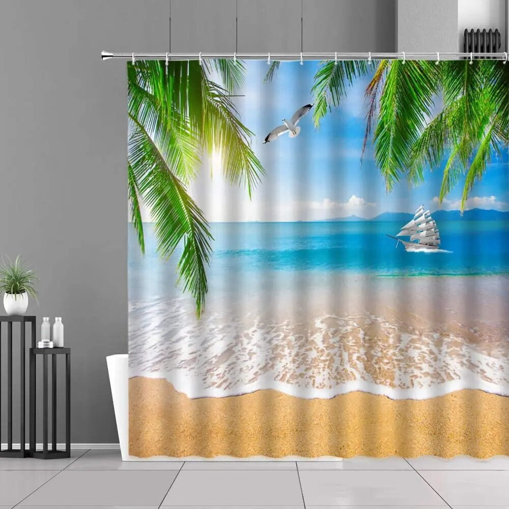 Seaside Beach Shower Curtains Tropical Palm Trees Plant Ocean Hawaii