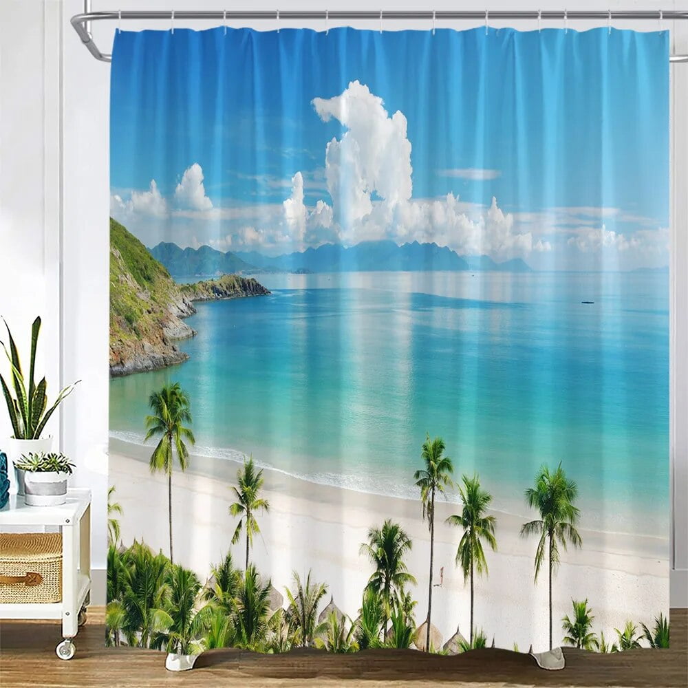 Seaside Beach Shower Curtains Tropical Palm Trees Plant Ocean Hawaii ...