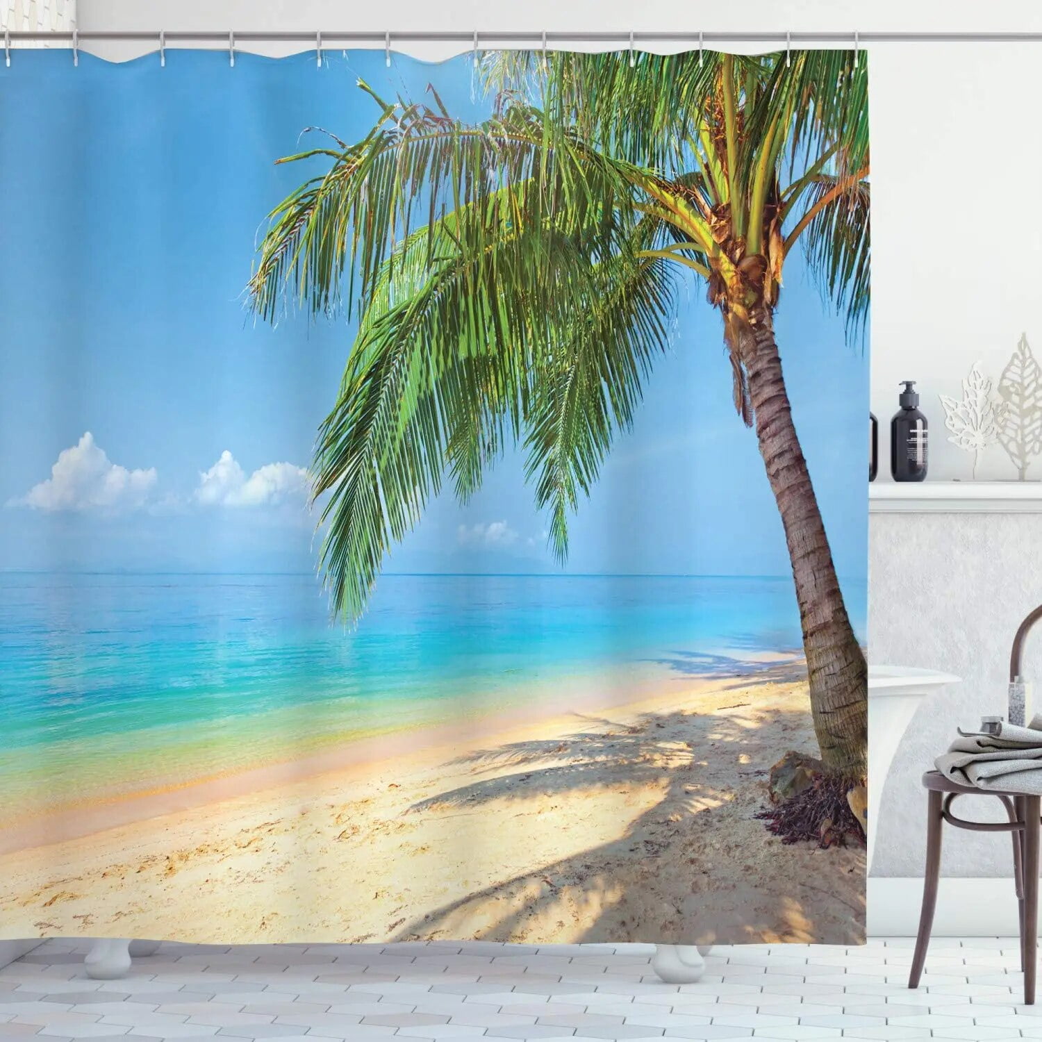 Seaside Beach Shower Curtains Tropical Palm Trees Plant Ocean Hawaii Vacation Nature Scenery