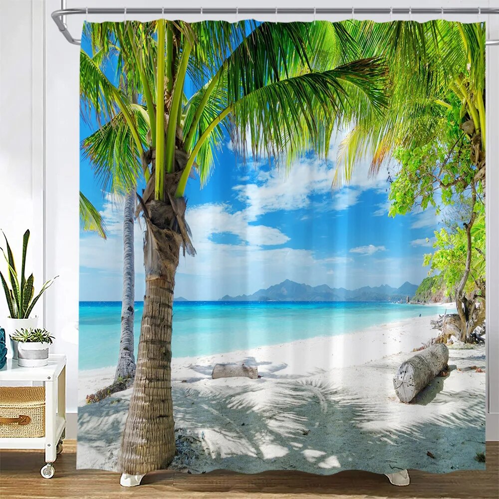 Seaside Beach Shower Curtains Tropical Palm Trees Plant Ocean Hawaii