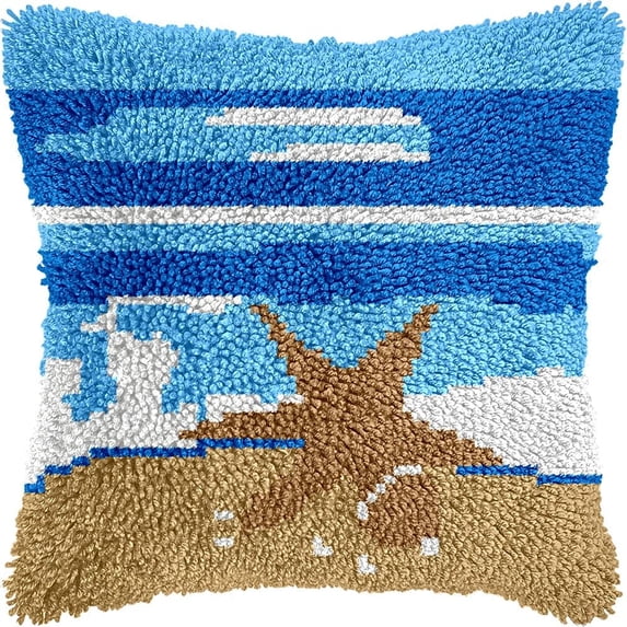 Seaside Beach and Starfish Latch Hook Pillow Kits DIY Pillowcase Cushtion Cover Crochet Hooking Pillow Making Kits with Color Pattern Canvas Crochet Hooking Kits Pillow 43x43cm(b119)